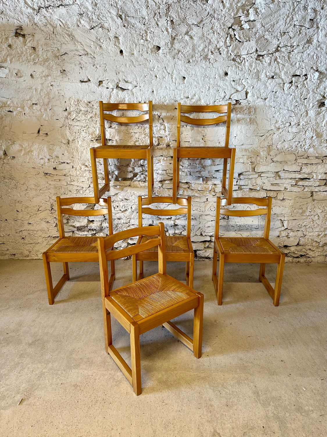 6 Regain House chairs - Elm and straw - 1980 - Vintage - Brutalist