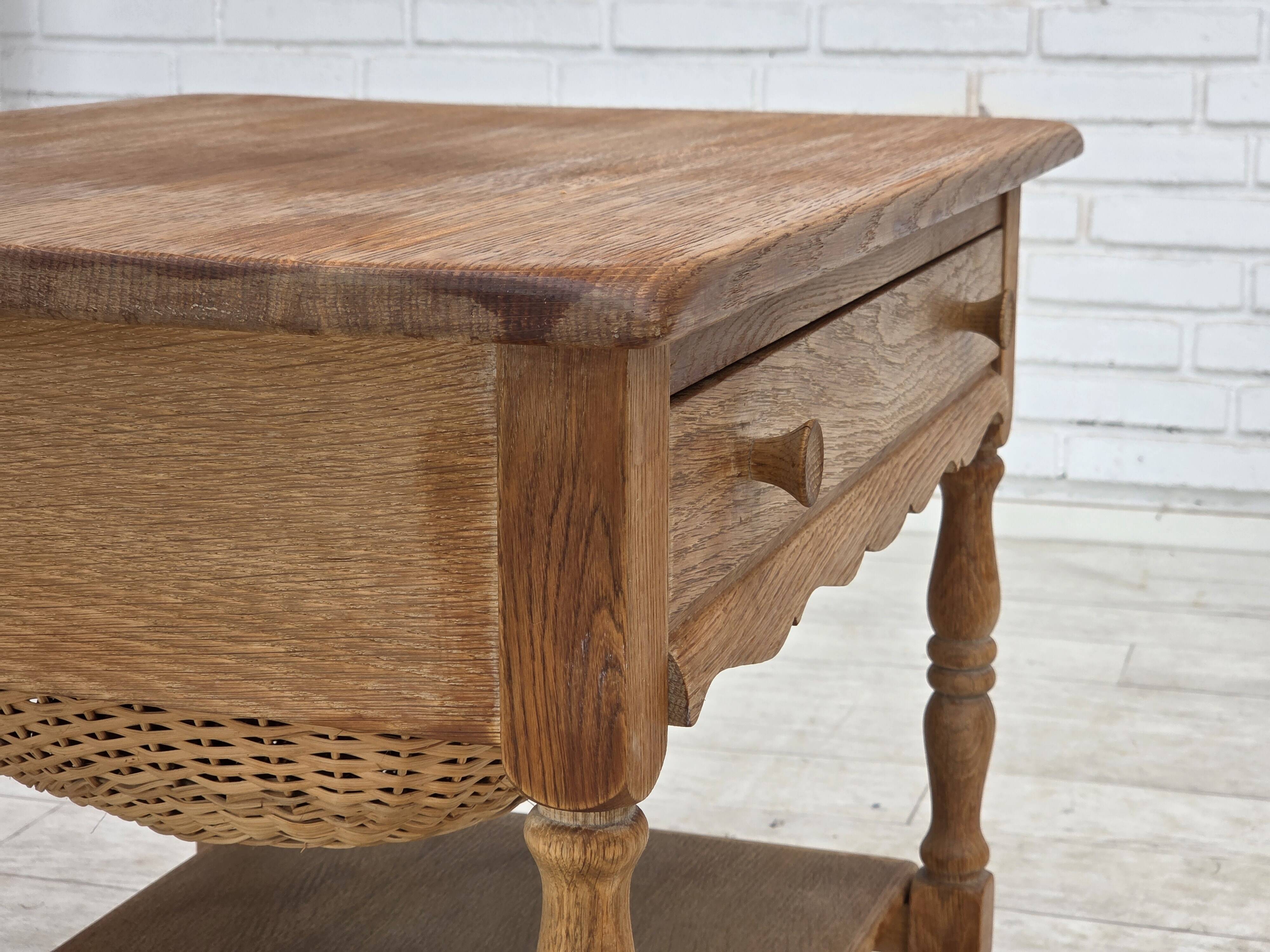 1970s, Scandinavian side table with drawers, solid oak wood, rattan.