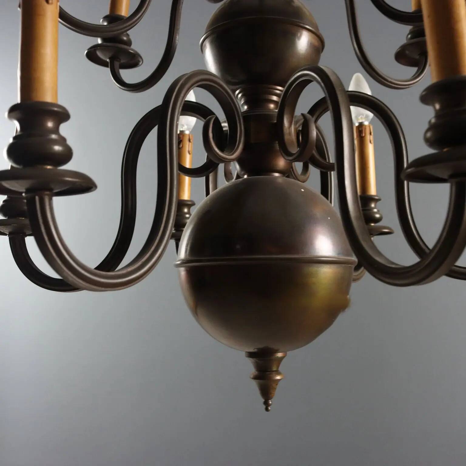 Antique bronze and glass chandelier with 12 lights, Netherlands, 20th century.