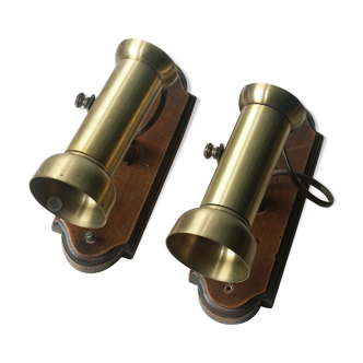 Pair of brass spots and wooden base year 70