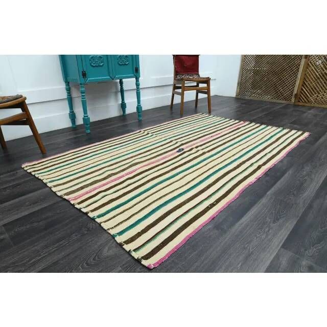 1970s Vintage Turkish Oushak Handmade Wool Cotton Beige Area Rug 137x221