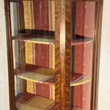 Curved marquetry display case, half-moon shape, checkerboard marquetry