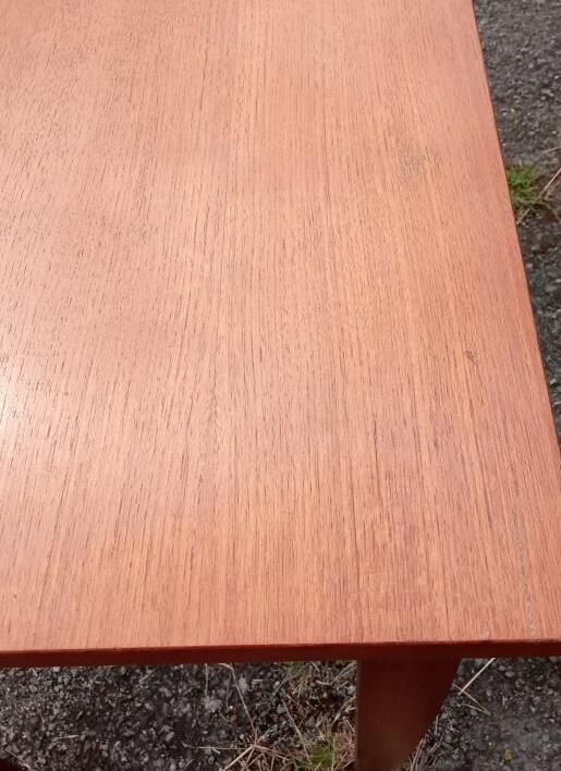 Teak veneer desk, curved feet