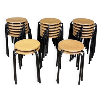 Set of 22 wooden school stools with black legs