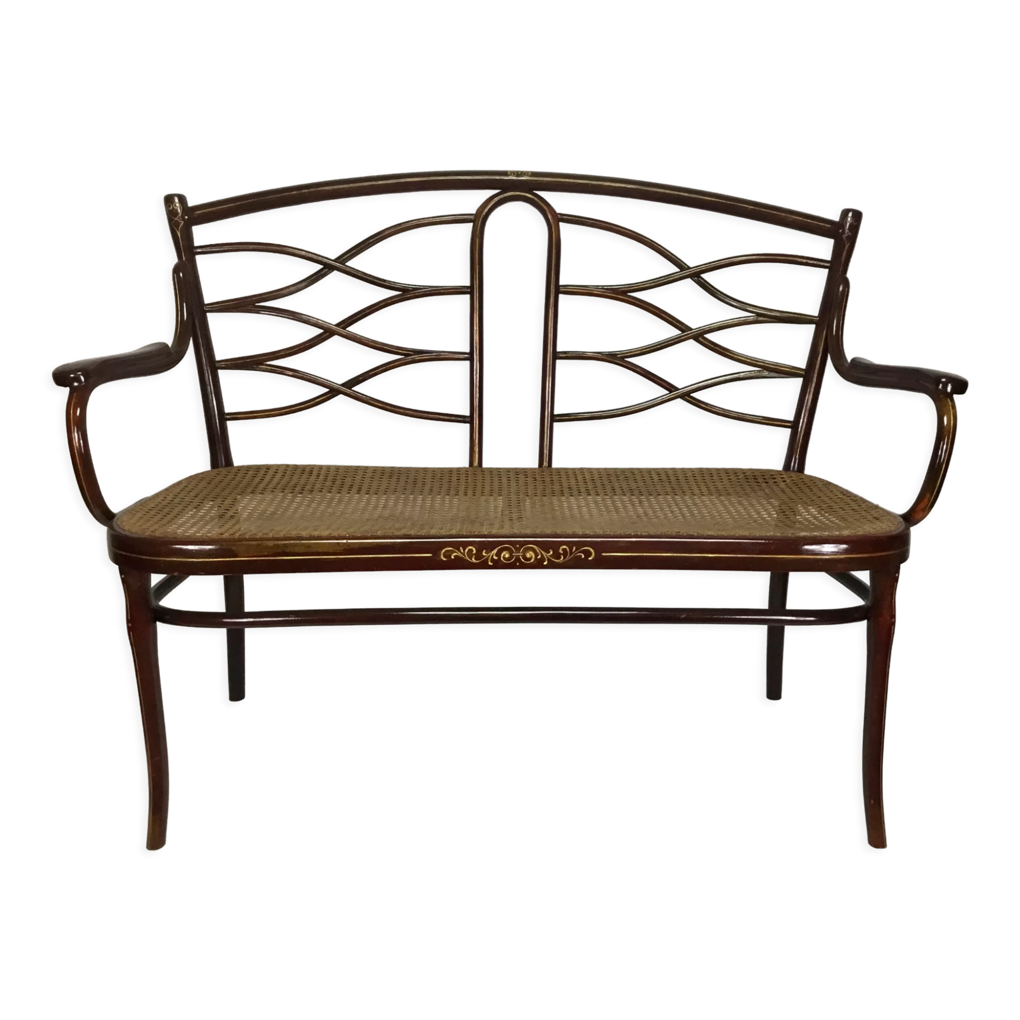 Turned wooden bench with caning by Thonet, Austria