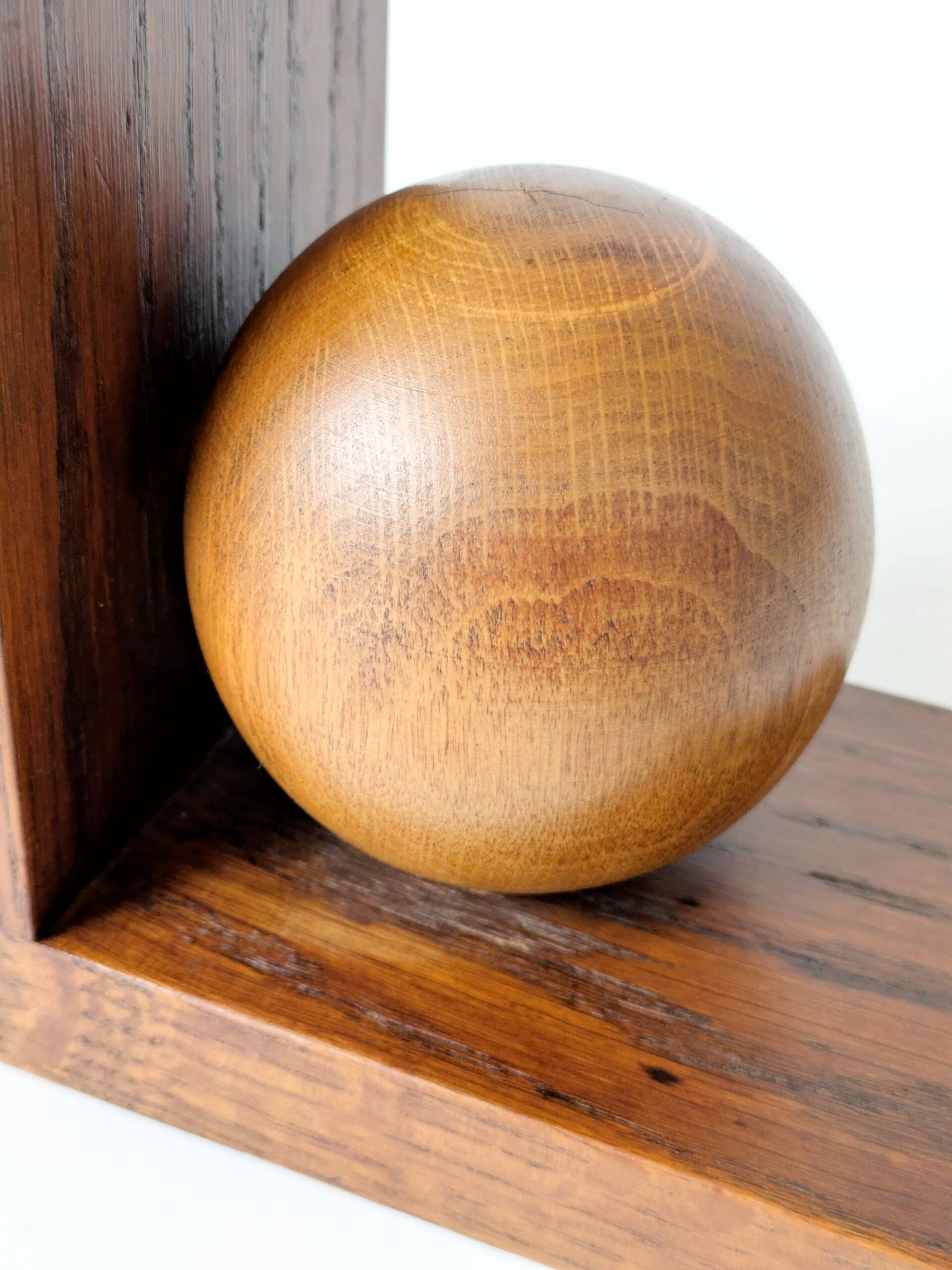 Pair of antique oak ball bookends, Midcentury Art Deco