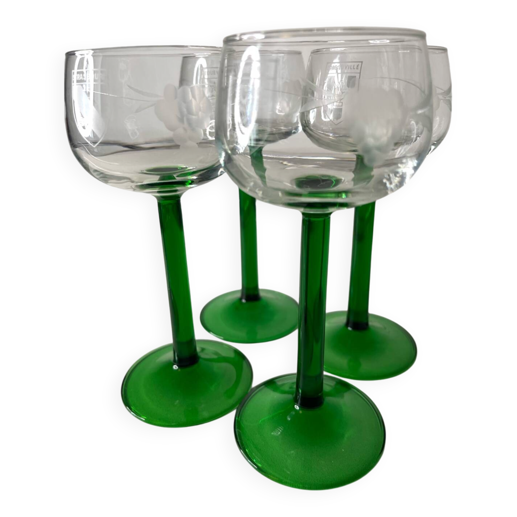 Set of 4 antique Alsace wine glasses, green stem and engraved decoration