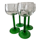 Set of 4 antique Alsace wine glasses, green stem and engraved decoration