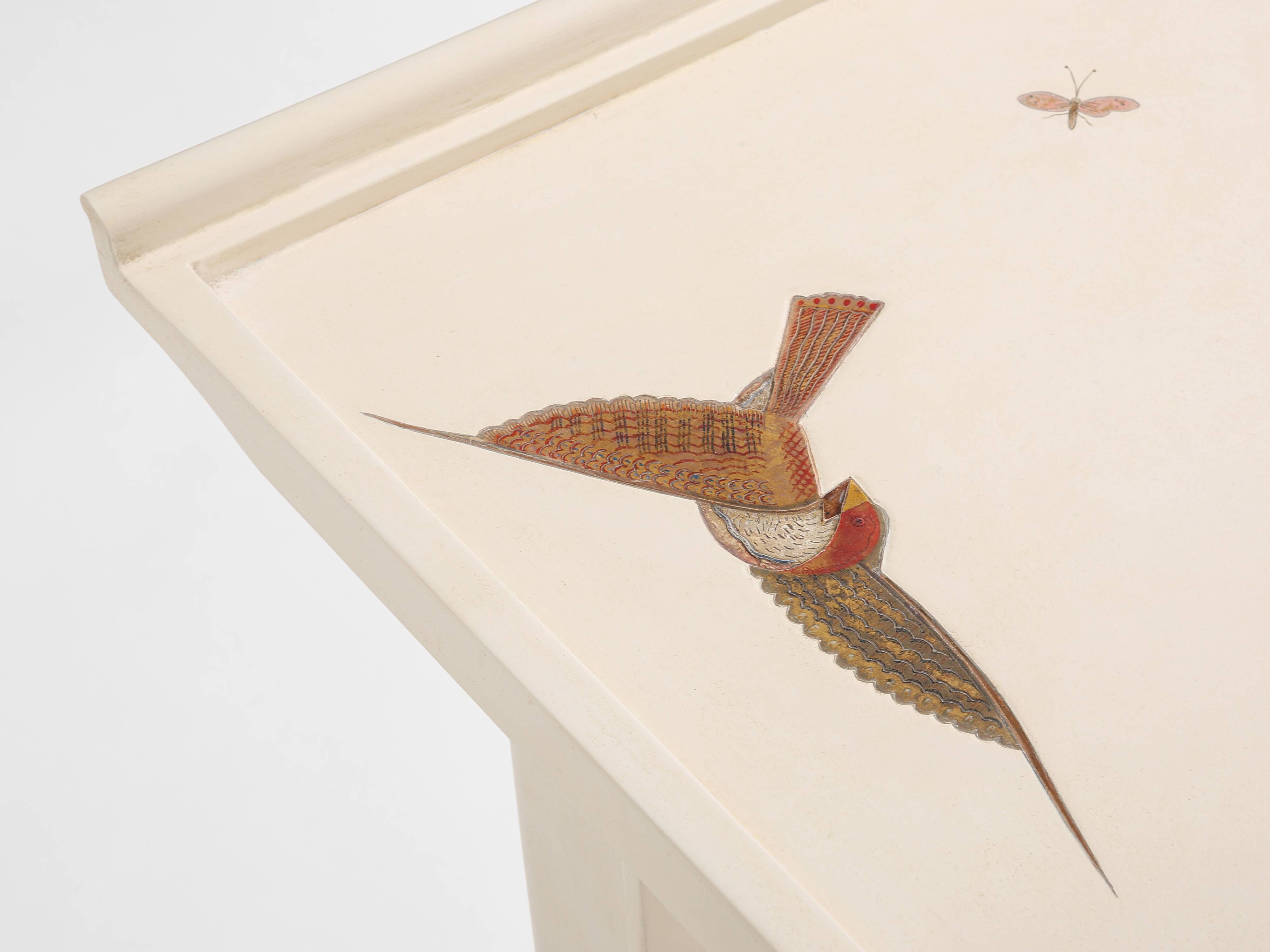 Maurice Jallot coffee table, painted oak with bird decorations, 1930.
