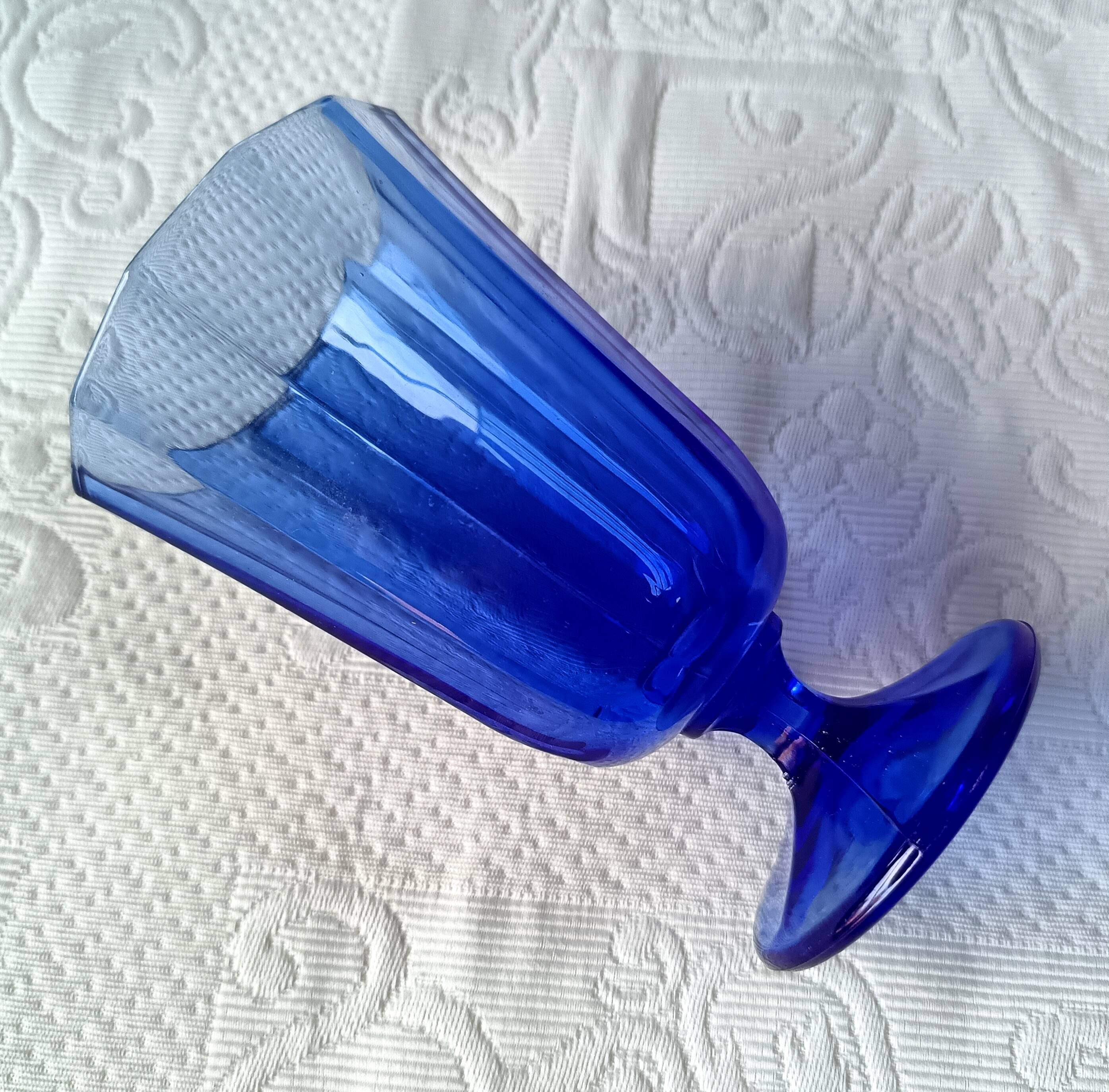 8 vintage aperitif glasses in cobalt blue coloured glass from Portugal.