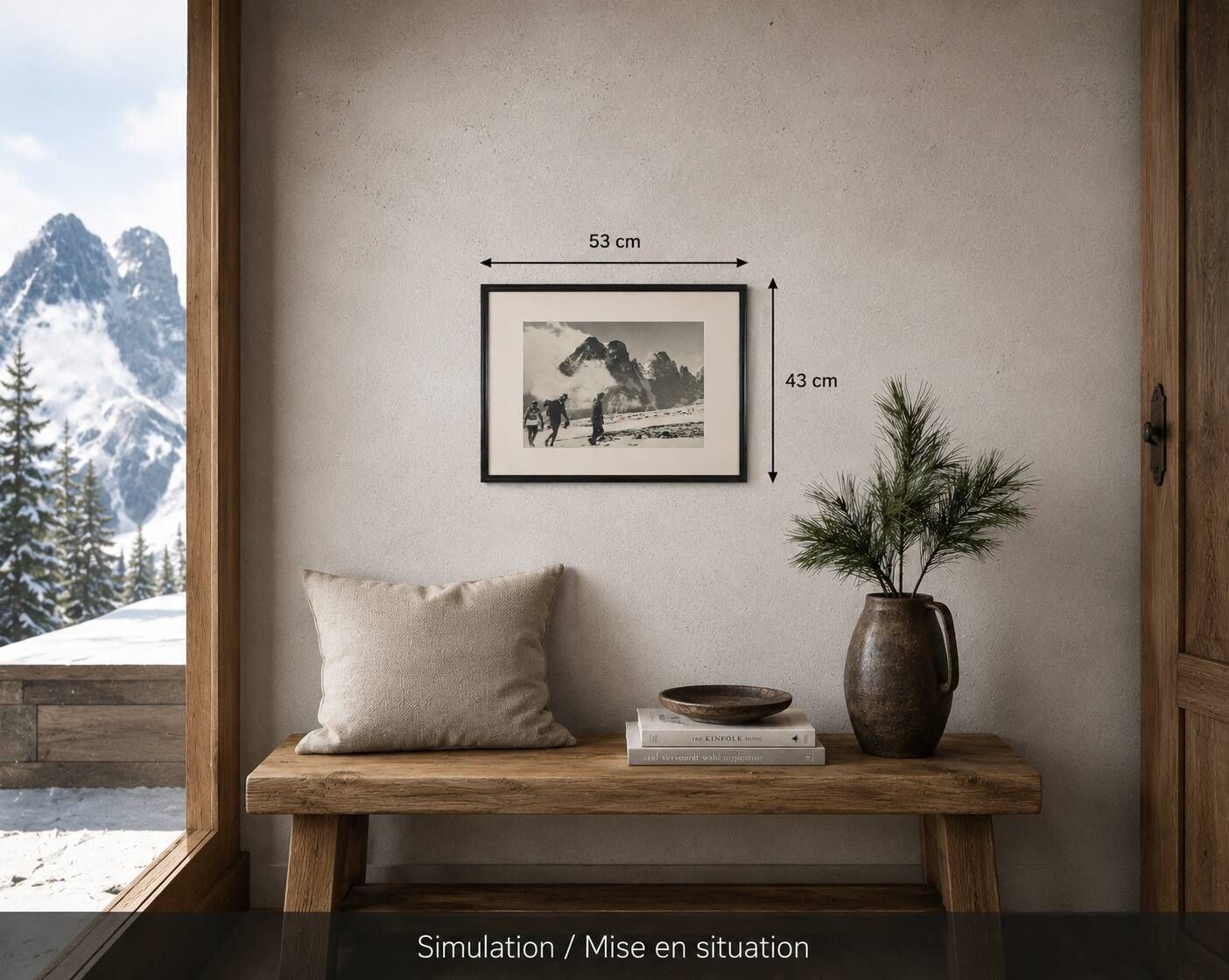Vintage silver print of an alpine glacier and mountaineers, framed, 53x43 cm