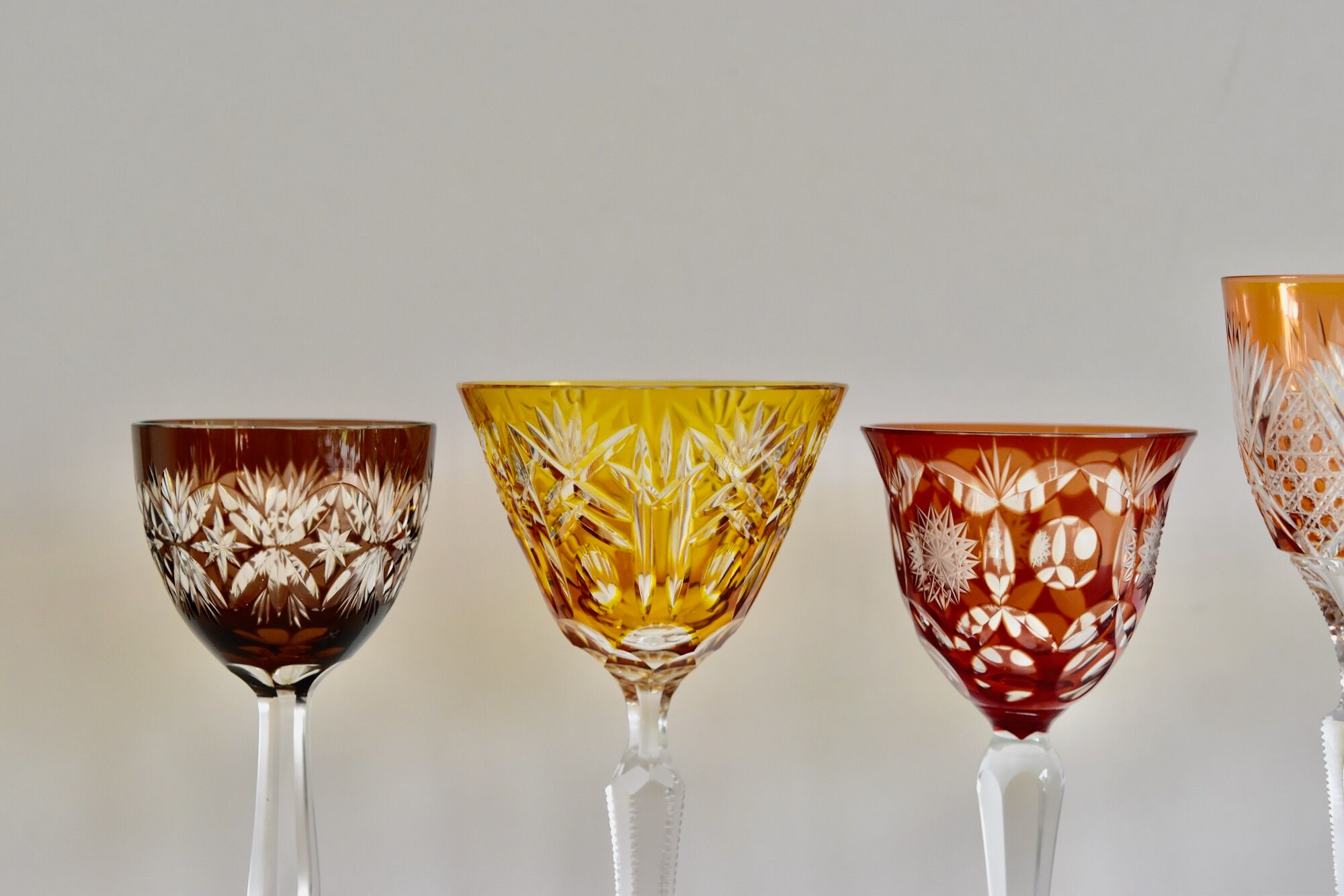 Set of 6 Bohemian Multicolored Antique Crystal Wine Glasses