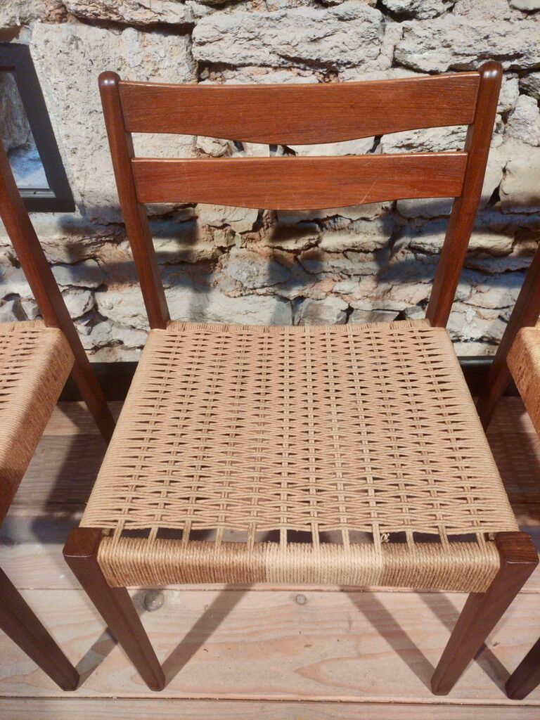 Set of 4 Scandinavian teak and rope chairs from the 60s