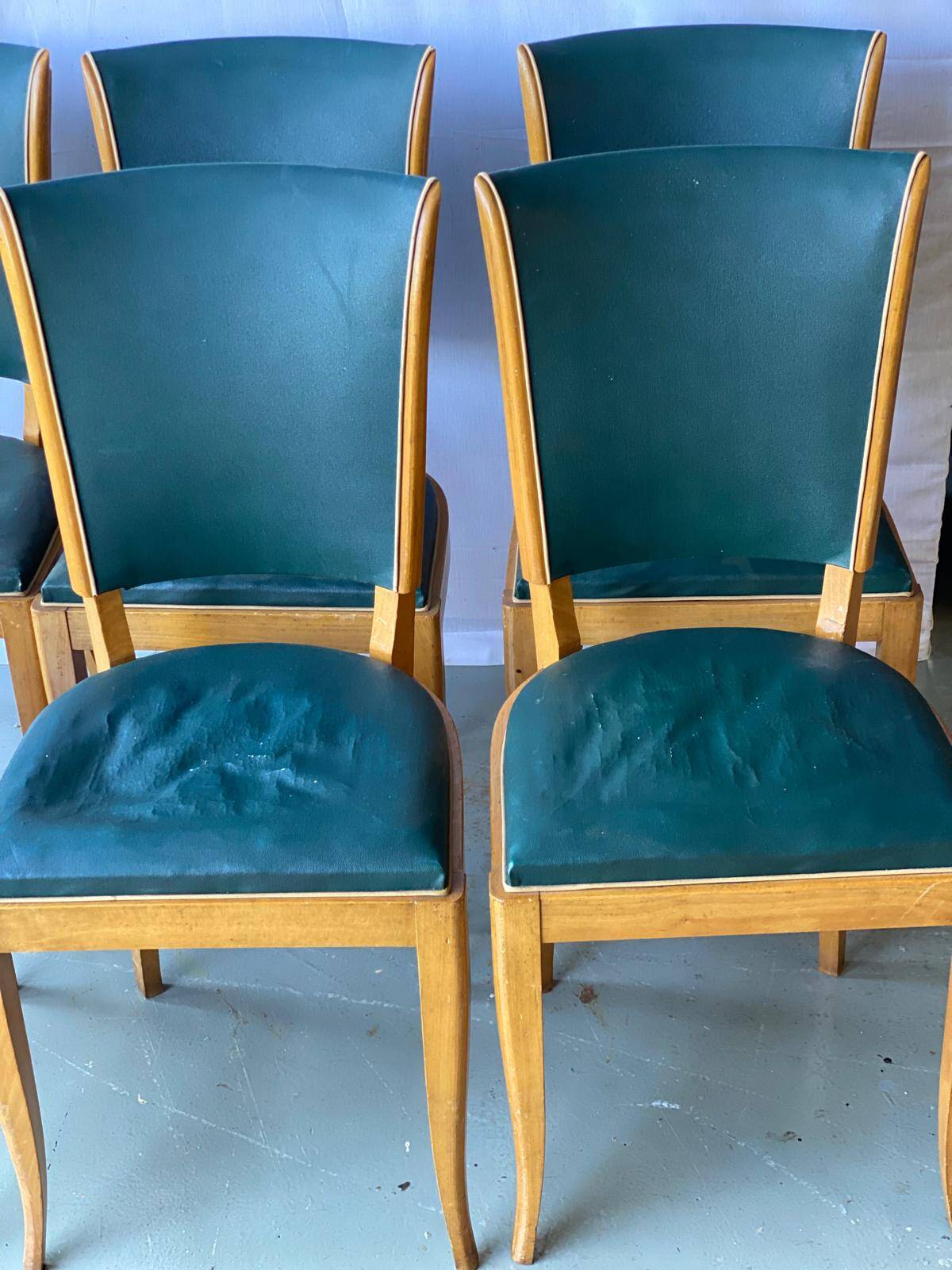 6 vintage dining chairs in solid wood and blue green leather