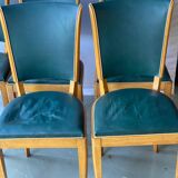 6 vintage dining chairs in solid wood and blue green leather