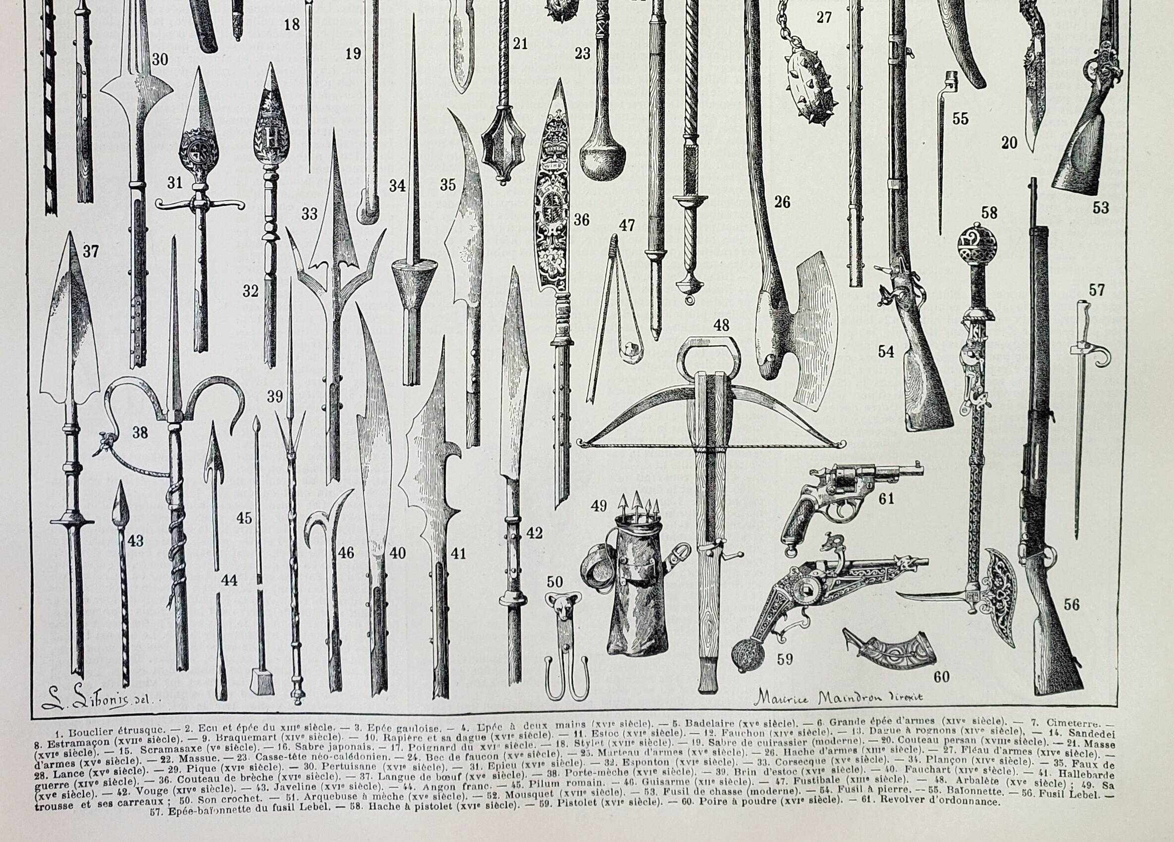Old lithograph 1898, Ancient weapons, sword, pistol, knife • Engraving, Original plate
