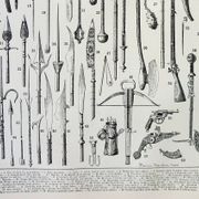 Lithographie ancienne 1898, Armes anciennes, épée, pistolet, couteau • Gravure, Planche originale