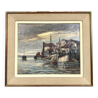Tableau / huile sur toile époque Art déco vers 1940 / port de peche