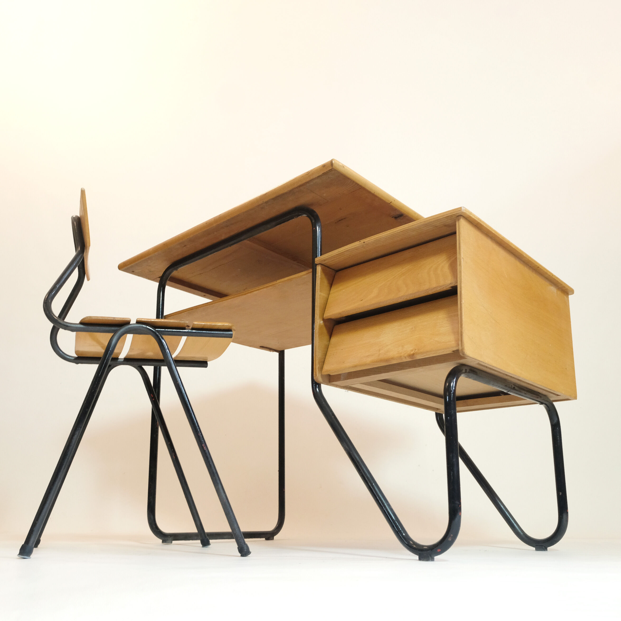 Wooden school desk and chair