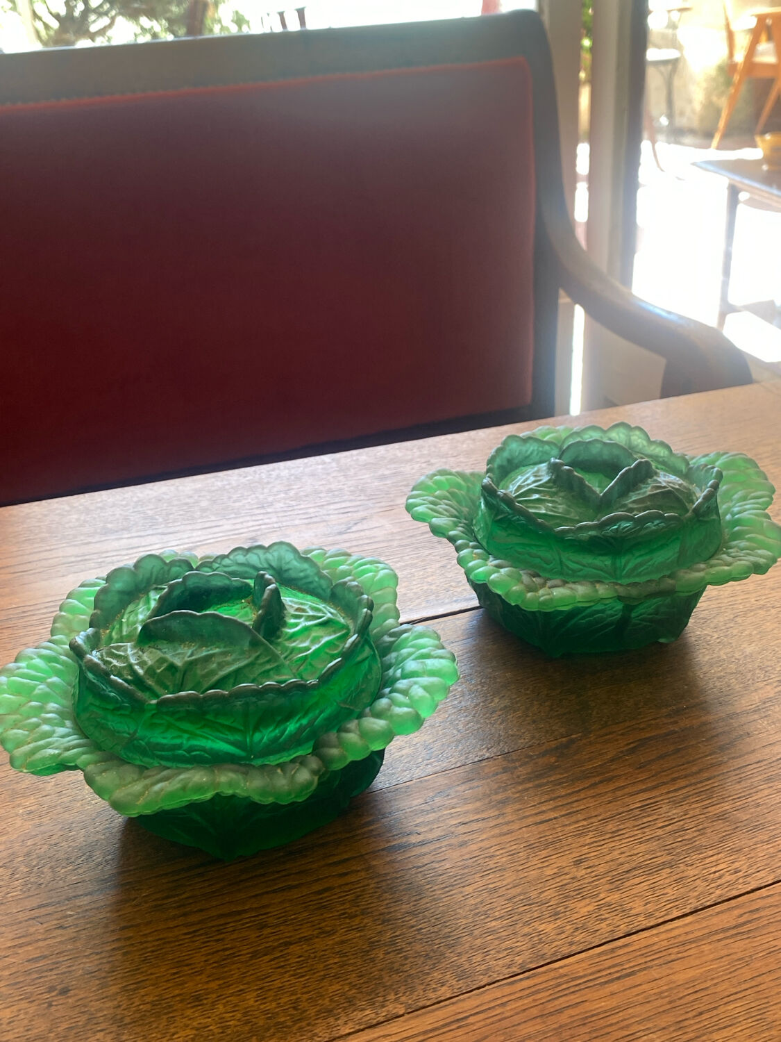 Pair of opaline sweet jars in the shape of a cabbage.