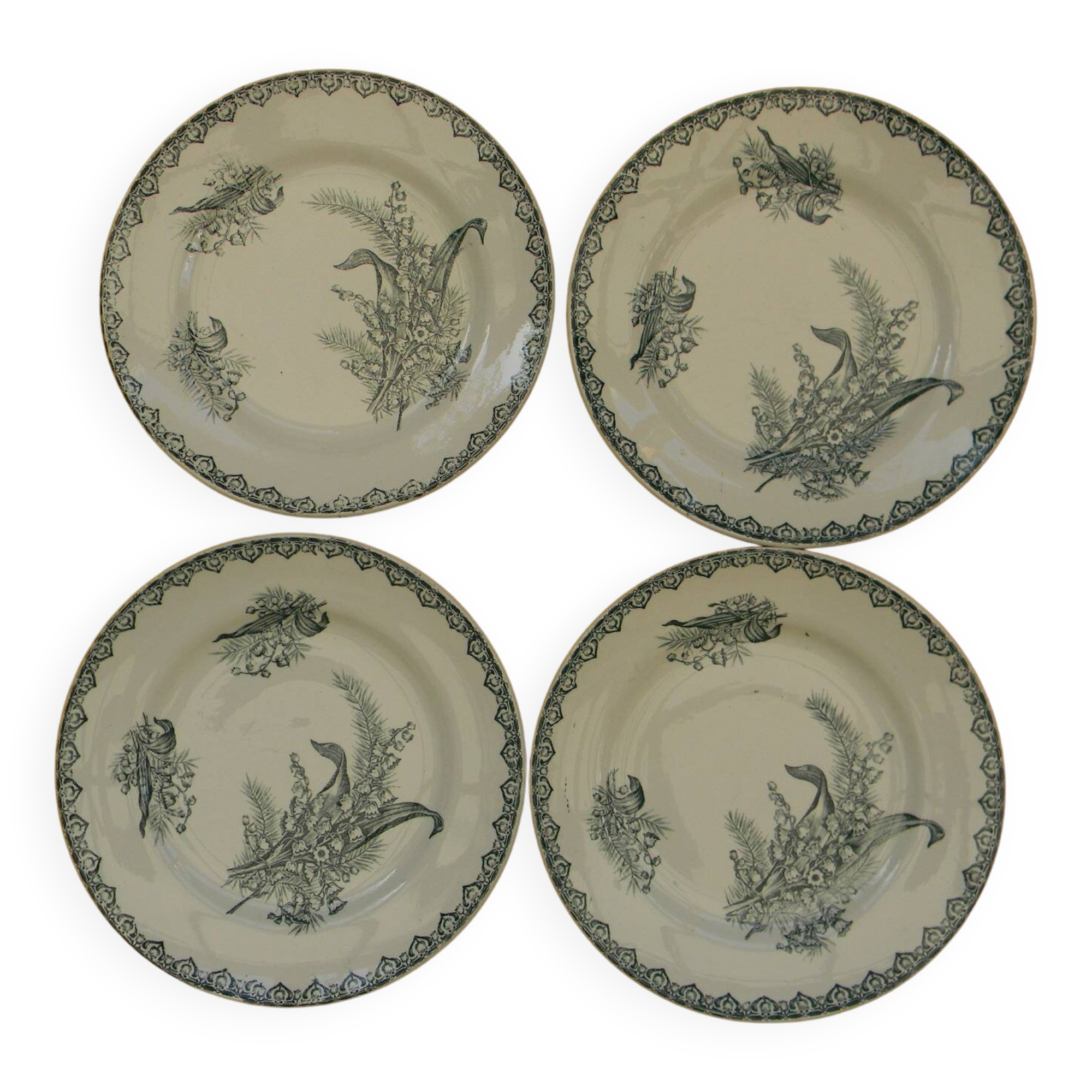 Set of 4 flat plates in saint amand earthenware. lily of the valley decor.