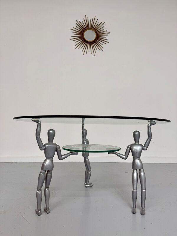 Table basse verre et métal design années 80 personnages métal vintage