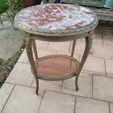 Old oval table with marble top, Louis XVI style