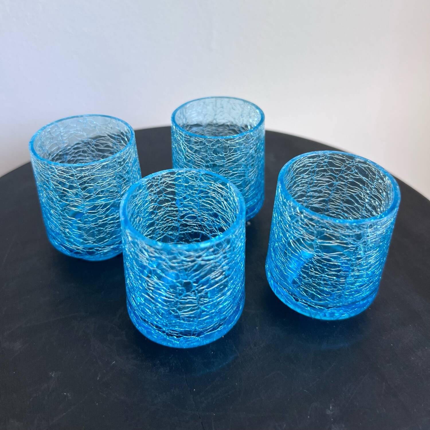 Set of 4 vintage azure blue crackled glass vases – ref. 7239