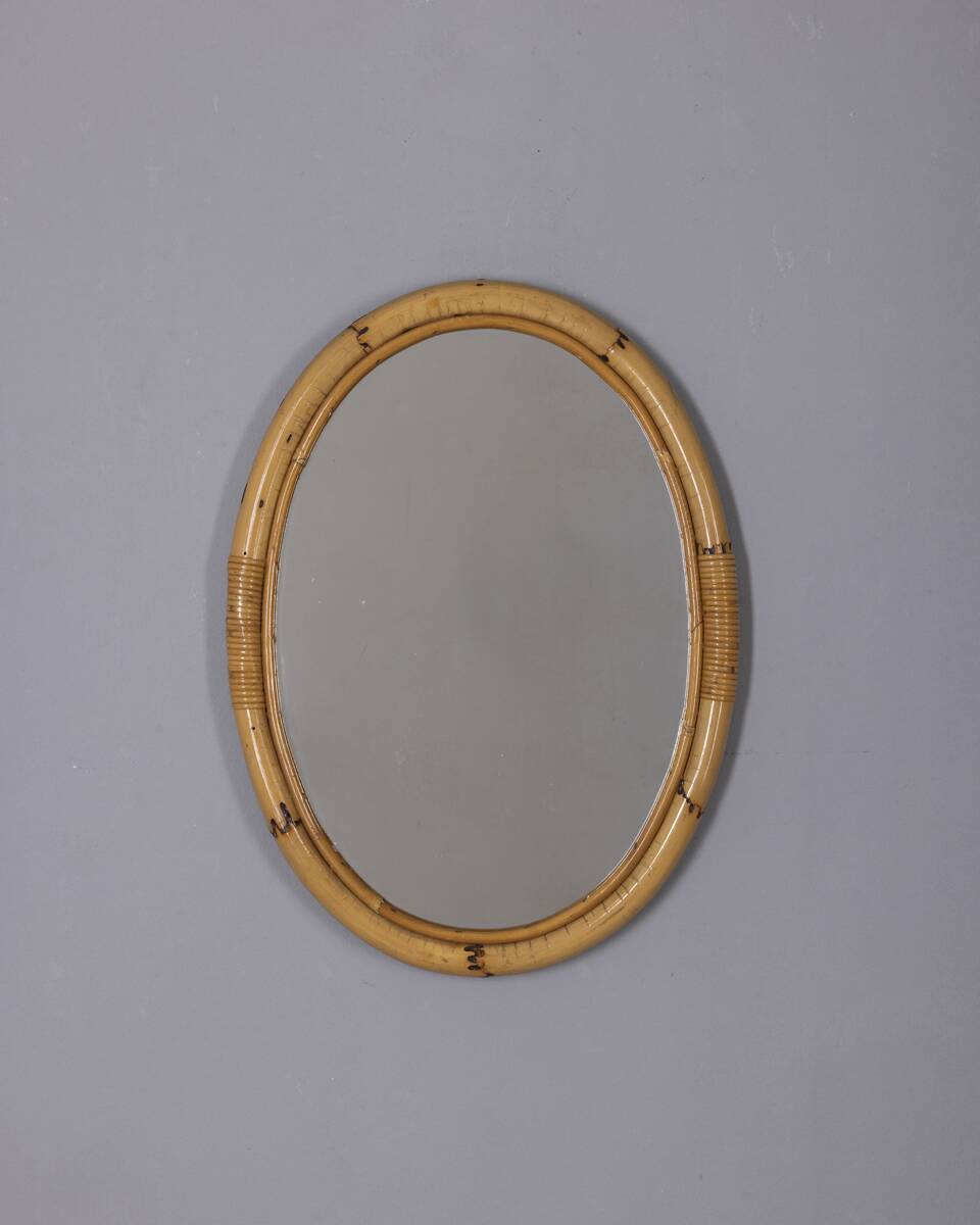 Vintage 1960s Italian design oval bamboo wall mirror