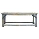 Wooden coffee table and metal reinforcements with blue patina