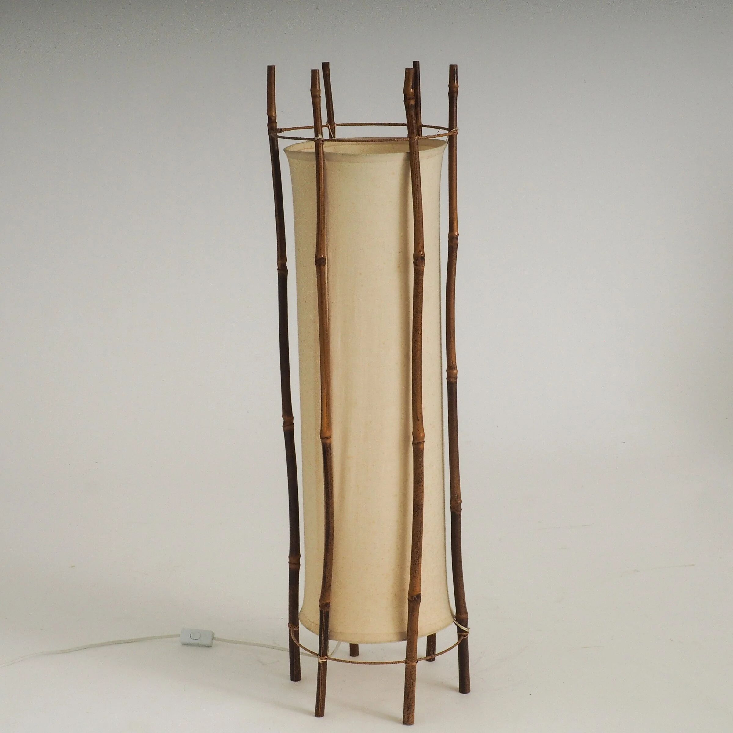 Large bamboo & linen floor lamp by Louis Sognot