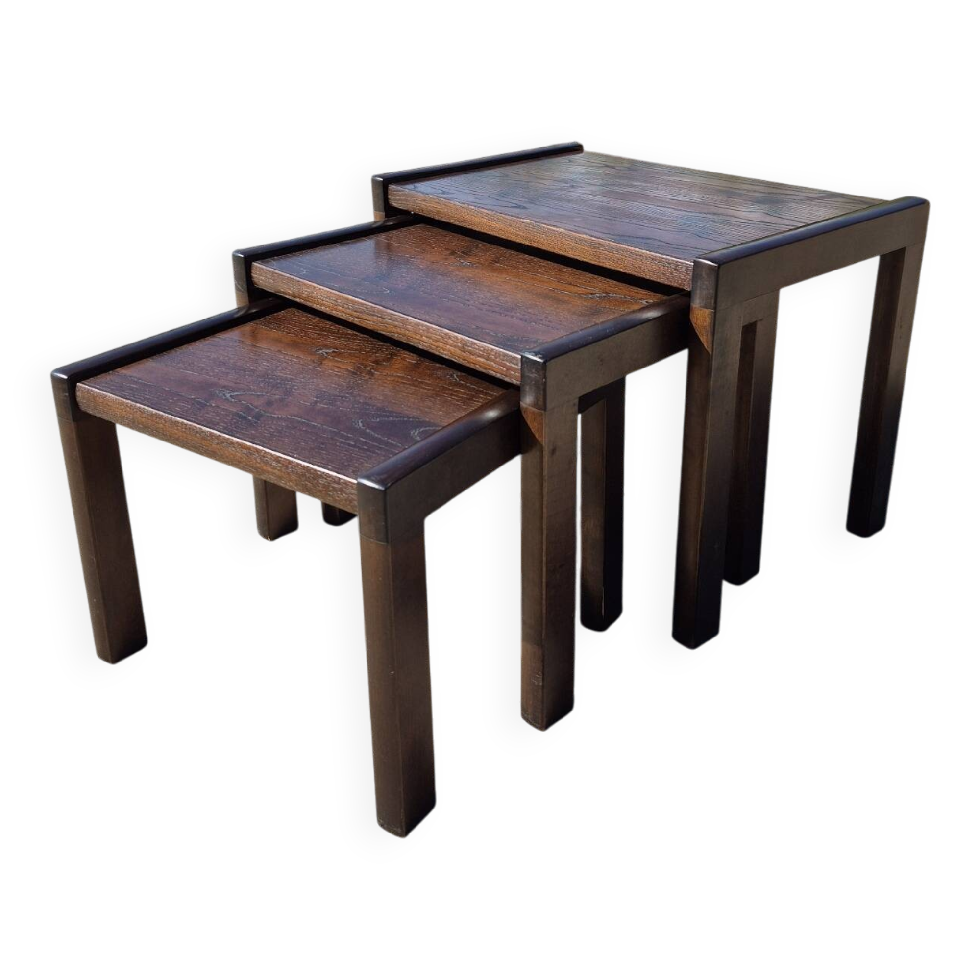 Set 3 vintage dark wooden nesting tables 1970s brutalist