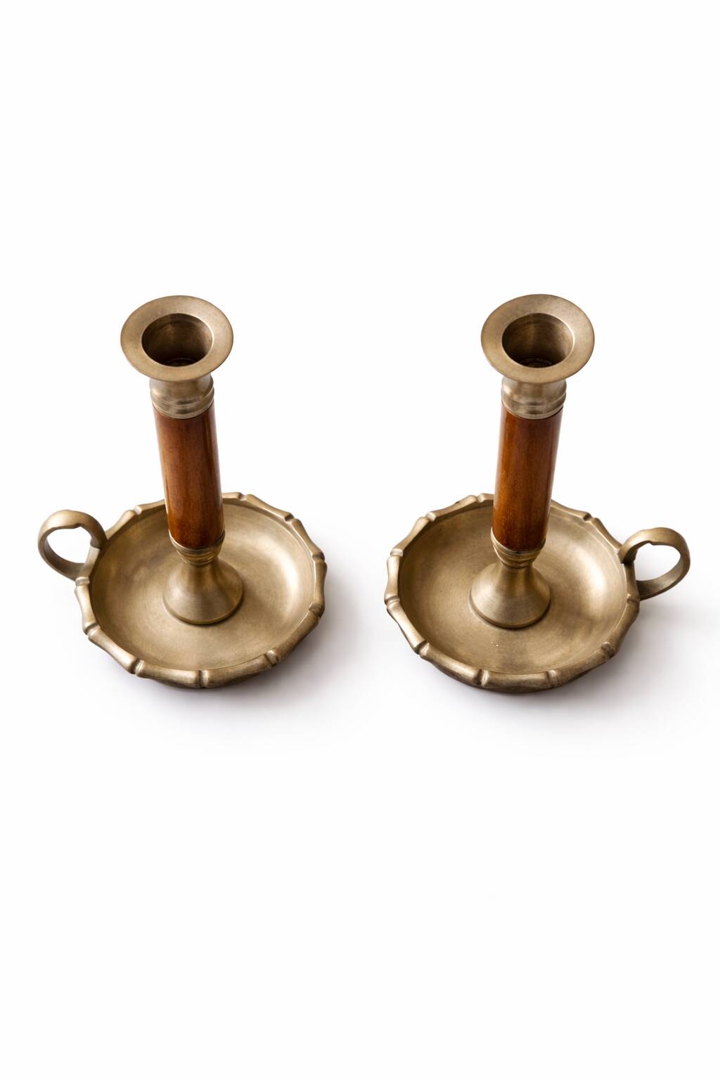 Paire de bougeoirs à main en laiton et bois, 1950