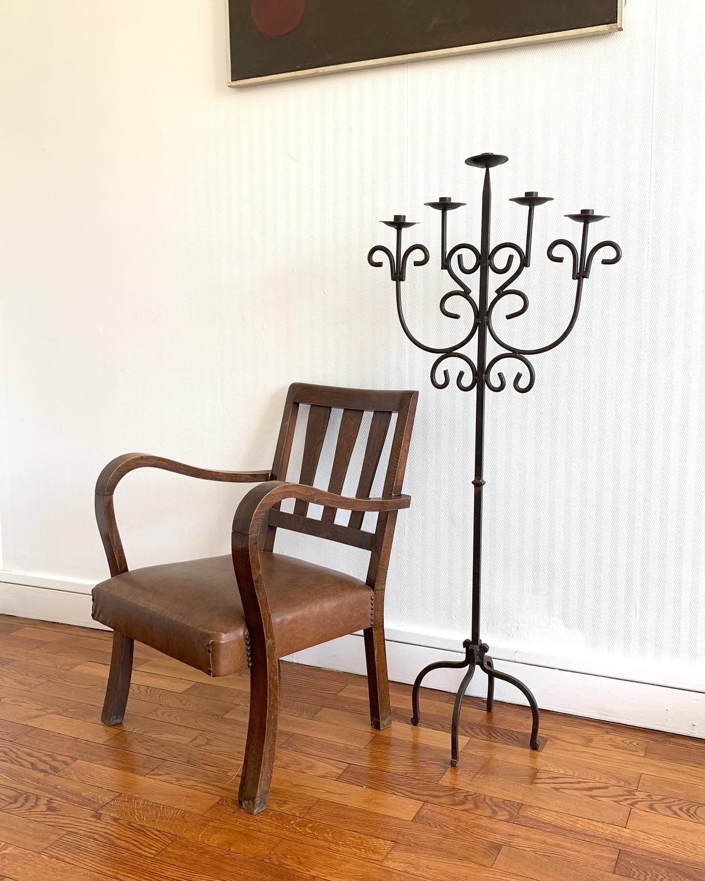 Wrought iron standing chandelier with five arms of light