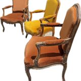 Louis XV armchair suite in carved wood – ochre and saffron velvet