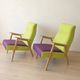 Pair of restored vintage armchairs, green and purple upholstery