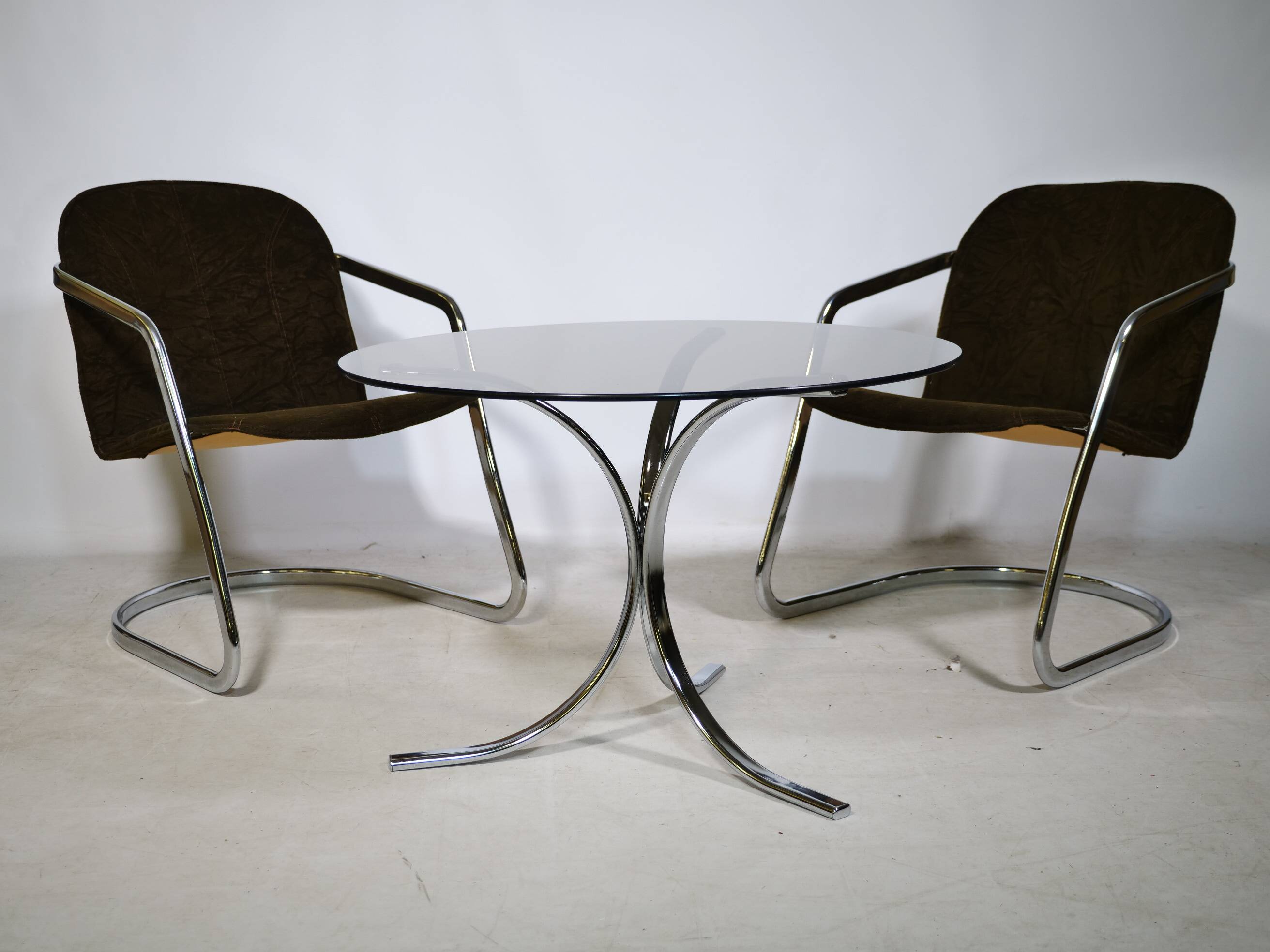 Armchairs and Coffee Table in Chrome and Smoked Glass, Set of 3, 1970s