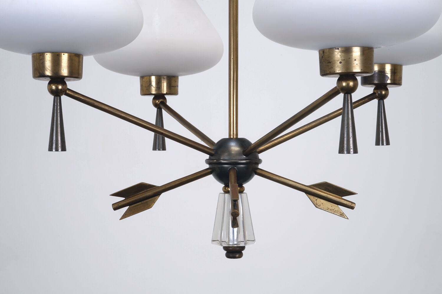 Brass and opaline chandelier by Marcel Asselbur circa 1950
