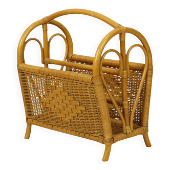 Vintage Boho Bamboo Rattan Magazine Rack 80s