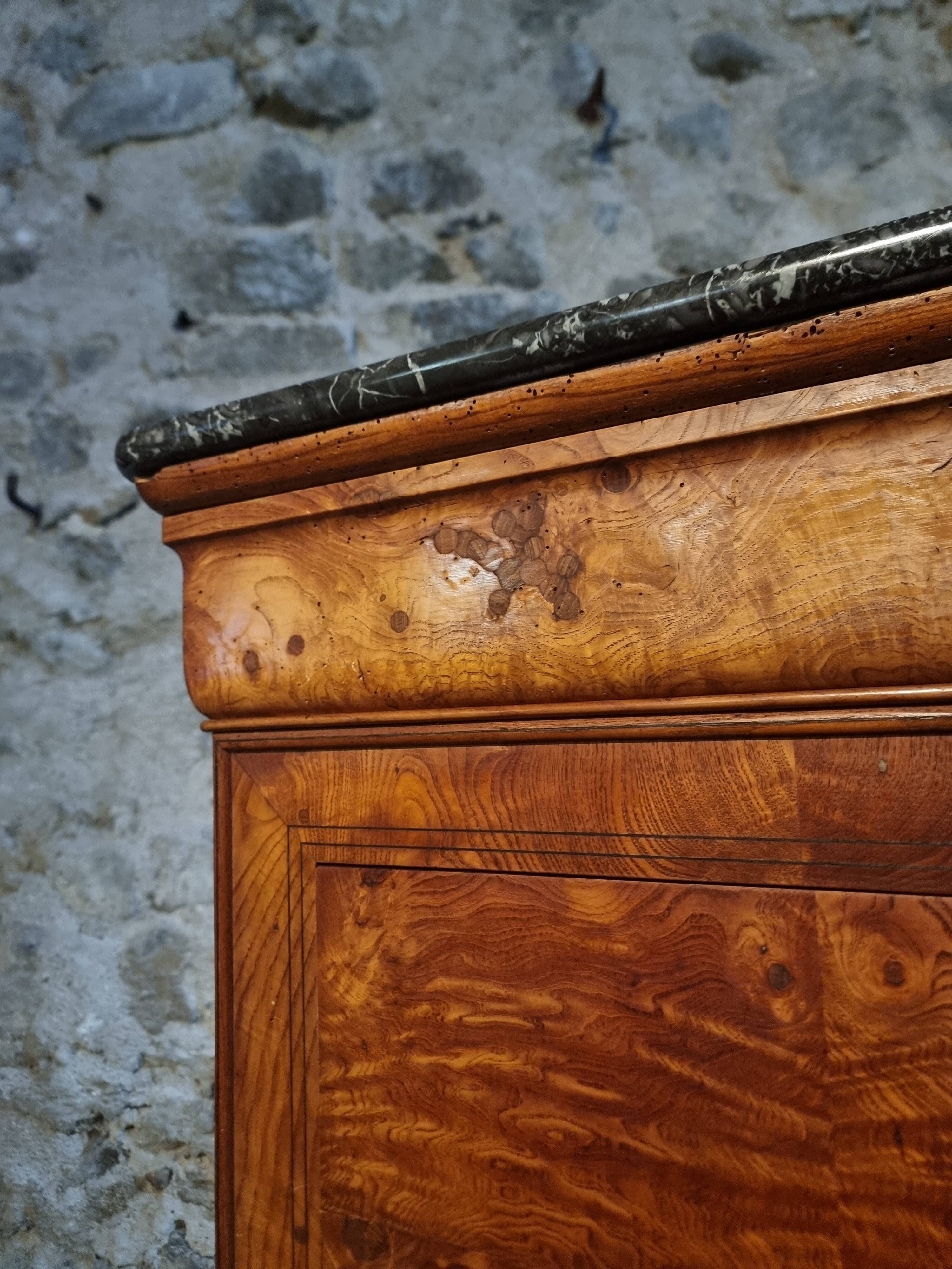 Antique French commode in elm with a marble top, 19th century (circa 1850–1880)