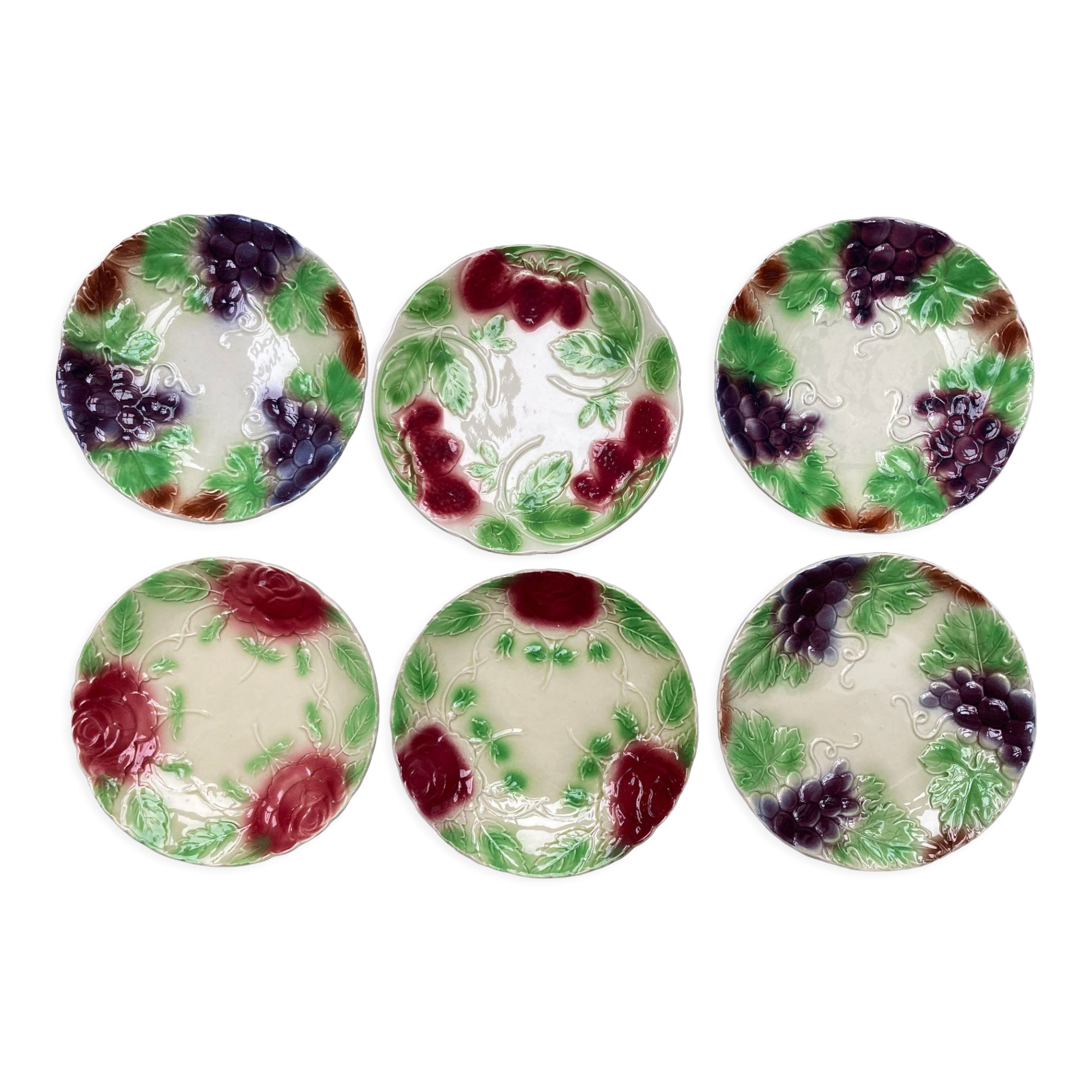 Set de 6 assiettes à dessert en barbotine début XX