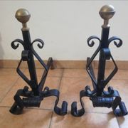 Pair of wrought iron andirons and brass ball.