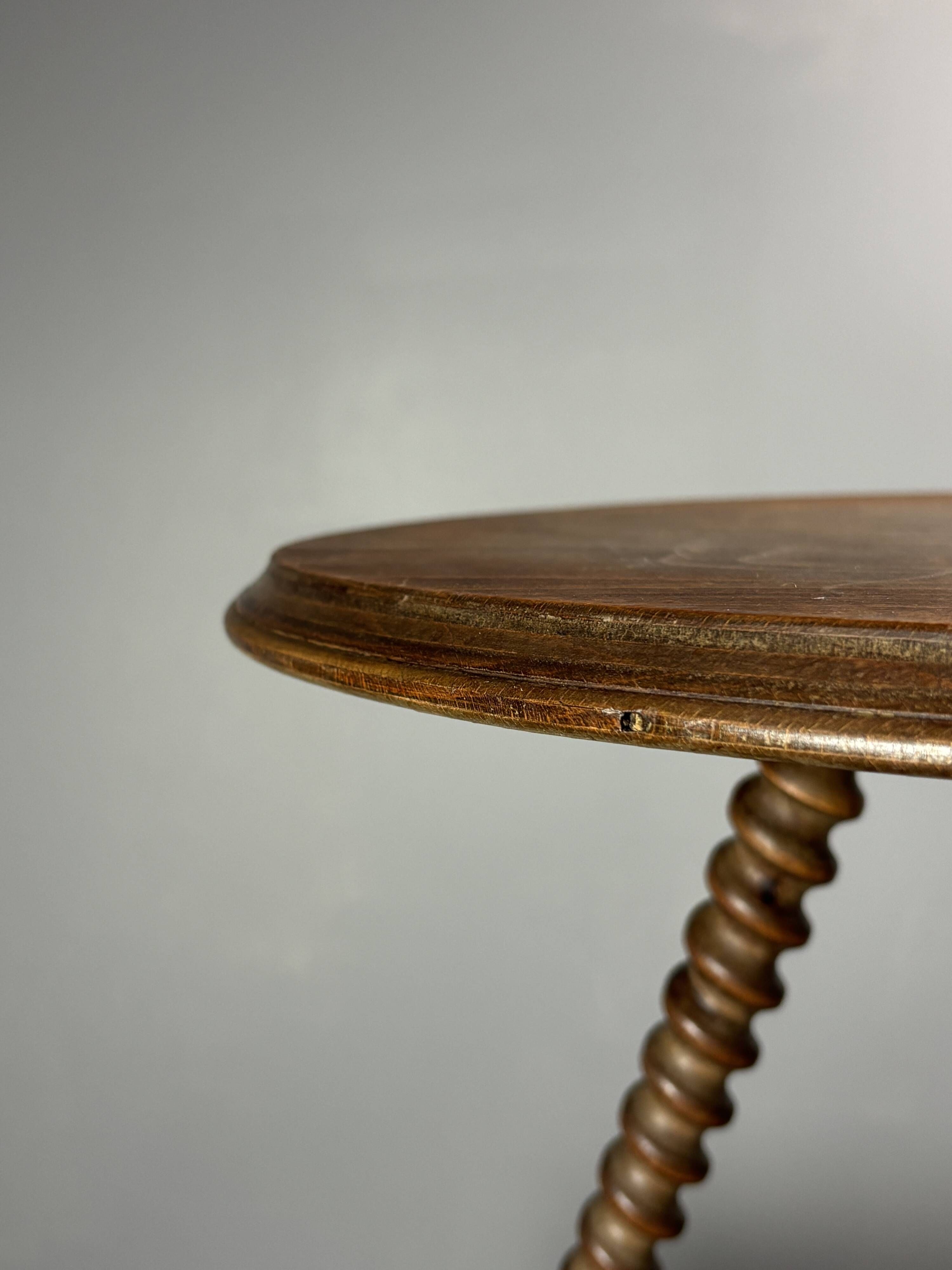 Midcentury wood turned barley twist side table with cork screw legs 1950s