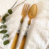 Old salad servers in horn and silver metal