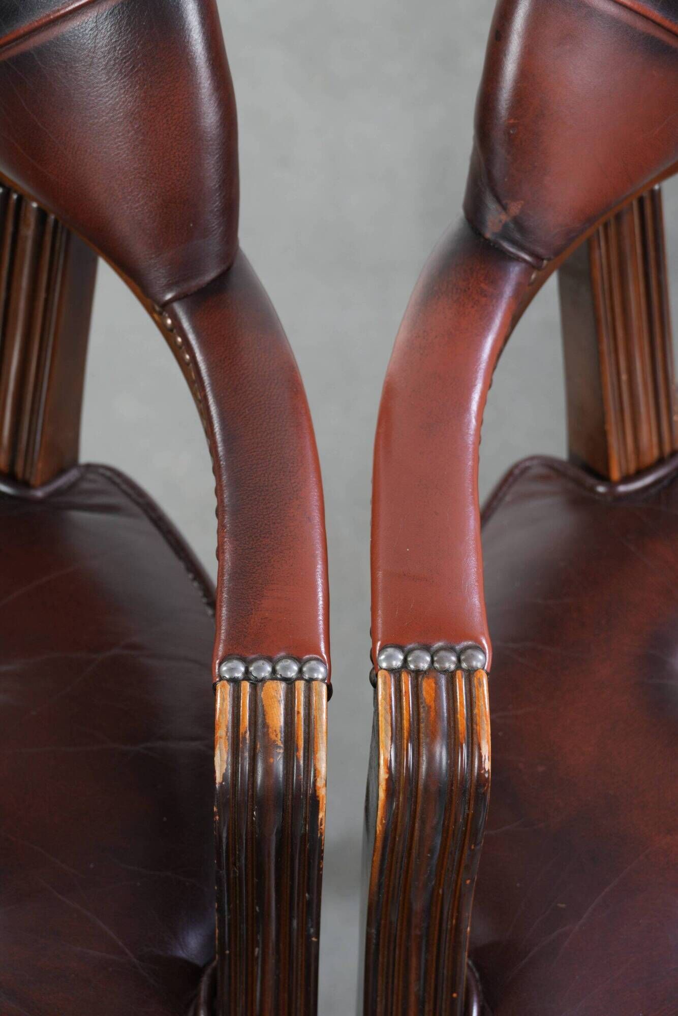 Set of two dark brown cowhide leather Chesterfield dining/side chairs