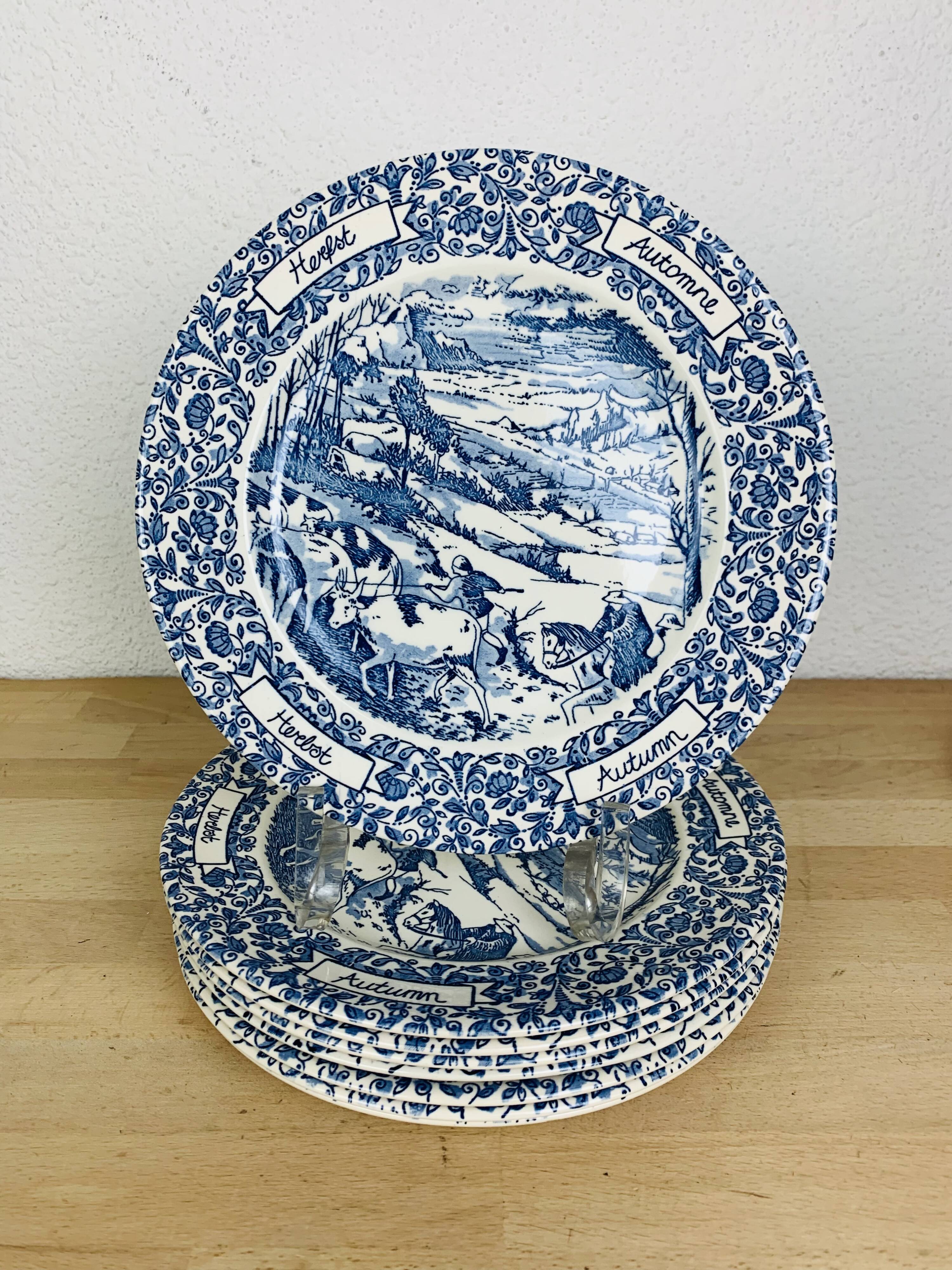 8 assiettes terre de fer anglaises bleues "automne" England ironstone