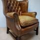 Vintage Cognac Leather Wingback Chesterfield Armchair, England 1940s