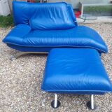 Nicoletti Home Leather Lounge Chair and Footstool Made in Italy Blue