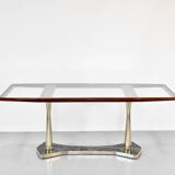 Table à manger italienne du milieu du siècle en acajou, laiton, marbre.