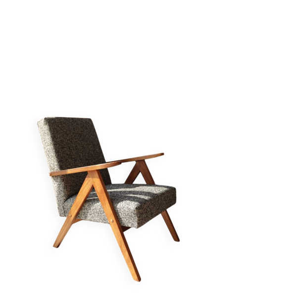 Fauteuil vintage design en tissu noir mélangé, bois couleur noyer.